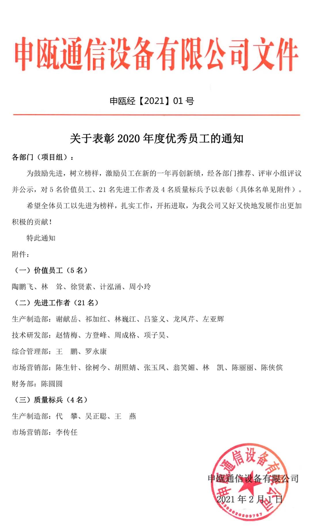 申甌通信2020年度申甌通信優(yōu)秀員工表彰大會(huì)